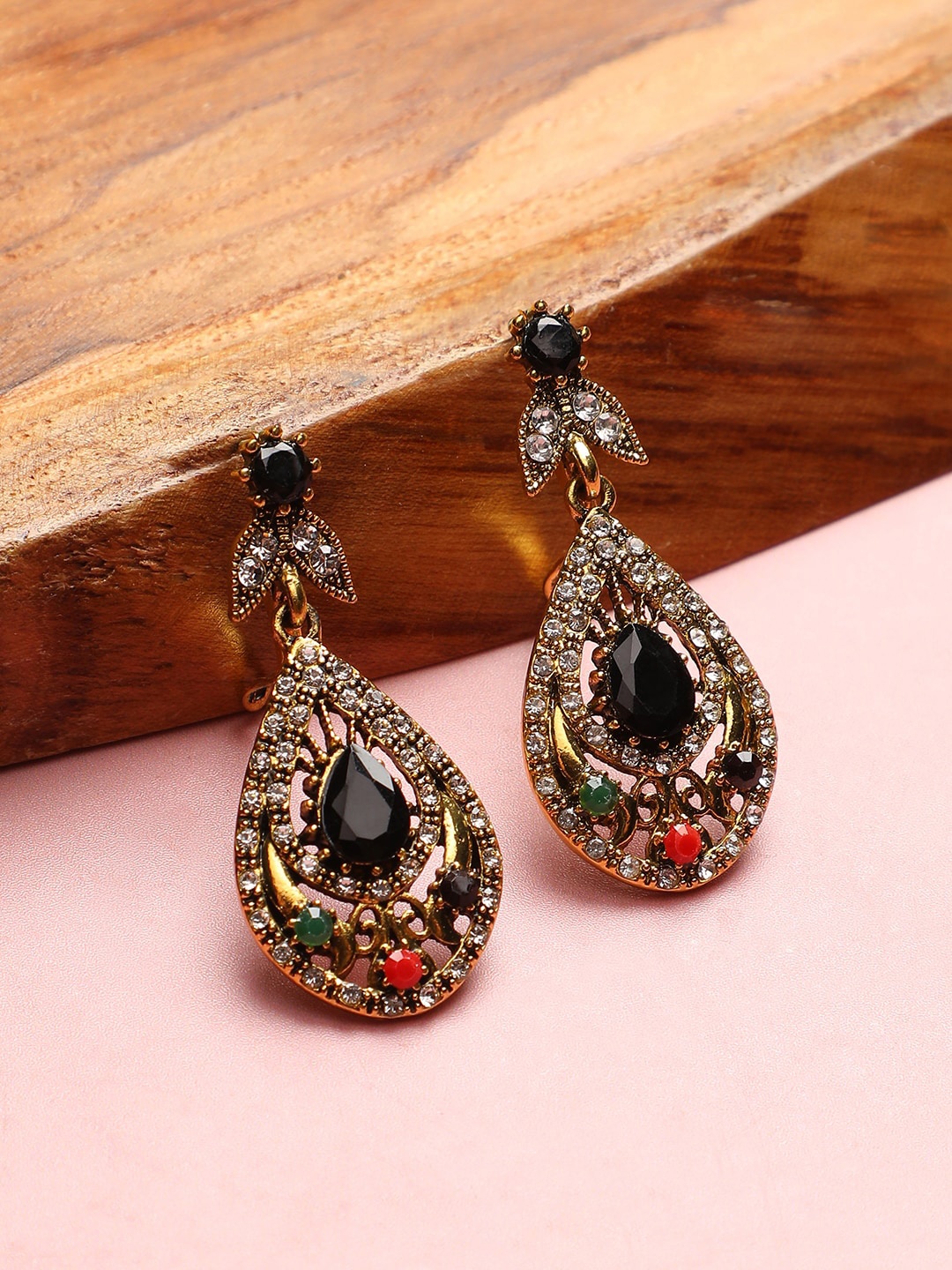 

Anouk Black Gold-Plated Stone Studded Contemporary Drop Earrings