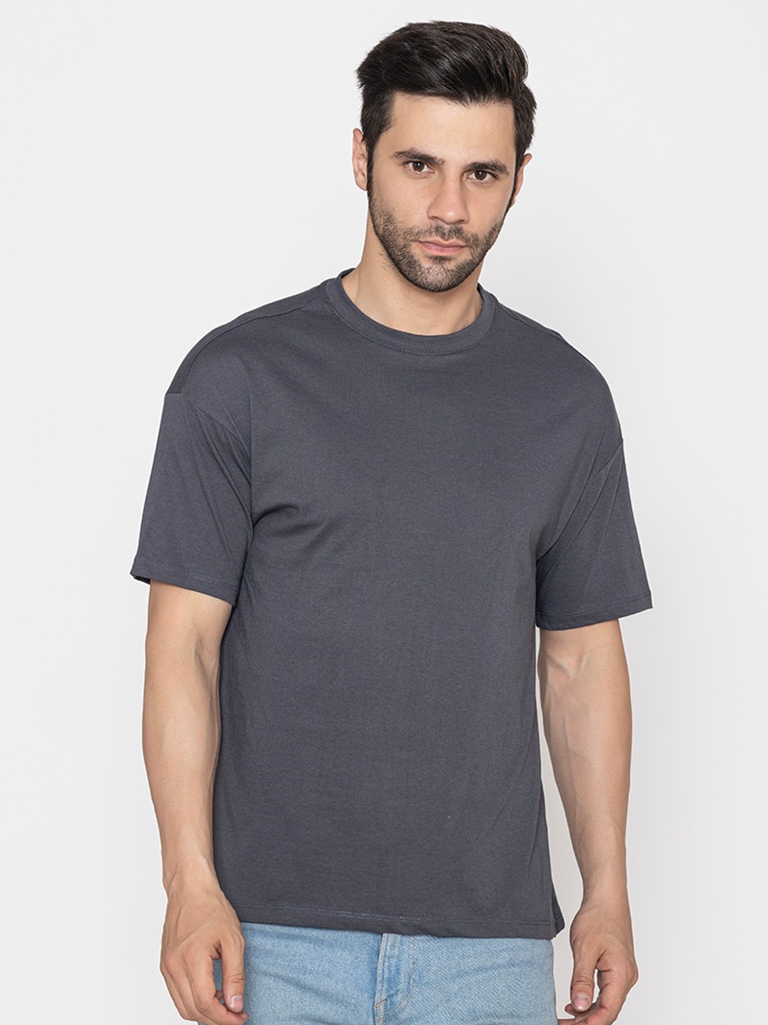 

TITTLI Drop-Shoulder Sleeves Pure Cotton Oversized T-shirt, Grey