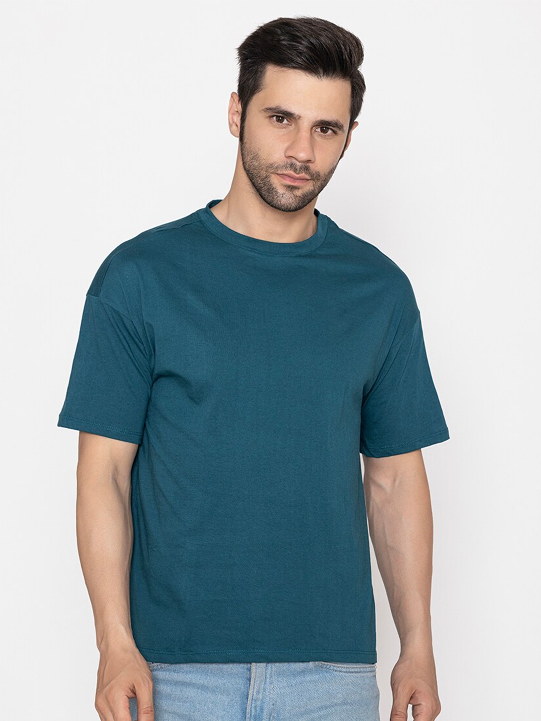 

TITTLI Drop-Shoulder Sleeves Pure Cotton Oversized T-shirt, Teal
