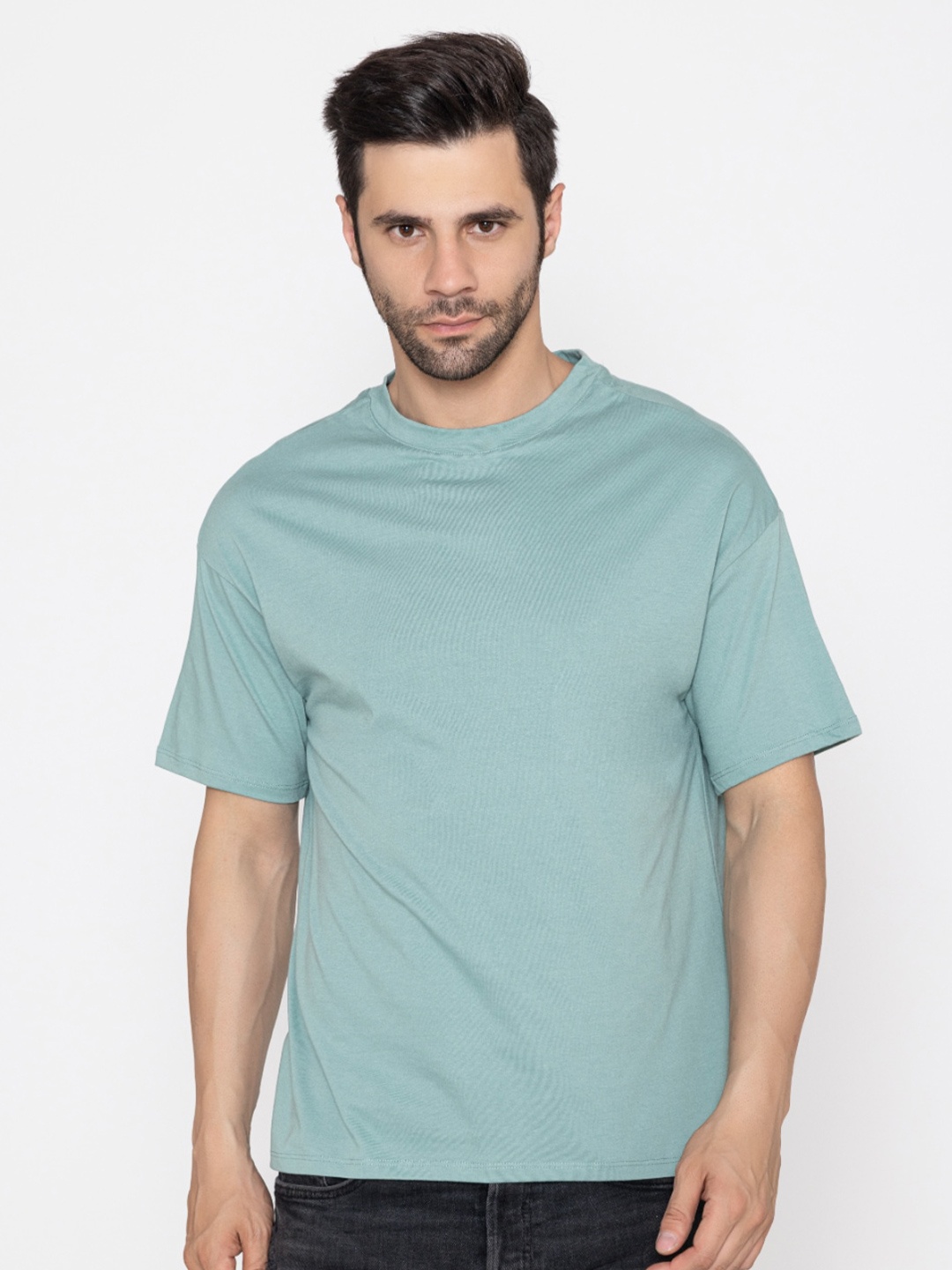 

TITTLI Round Neck Drop-Shoulder Sleeves Oversized Pure Cotton T-shirt, Green