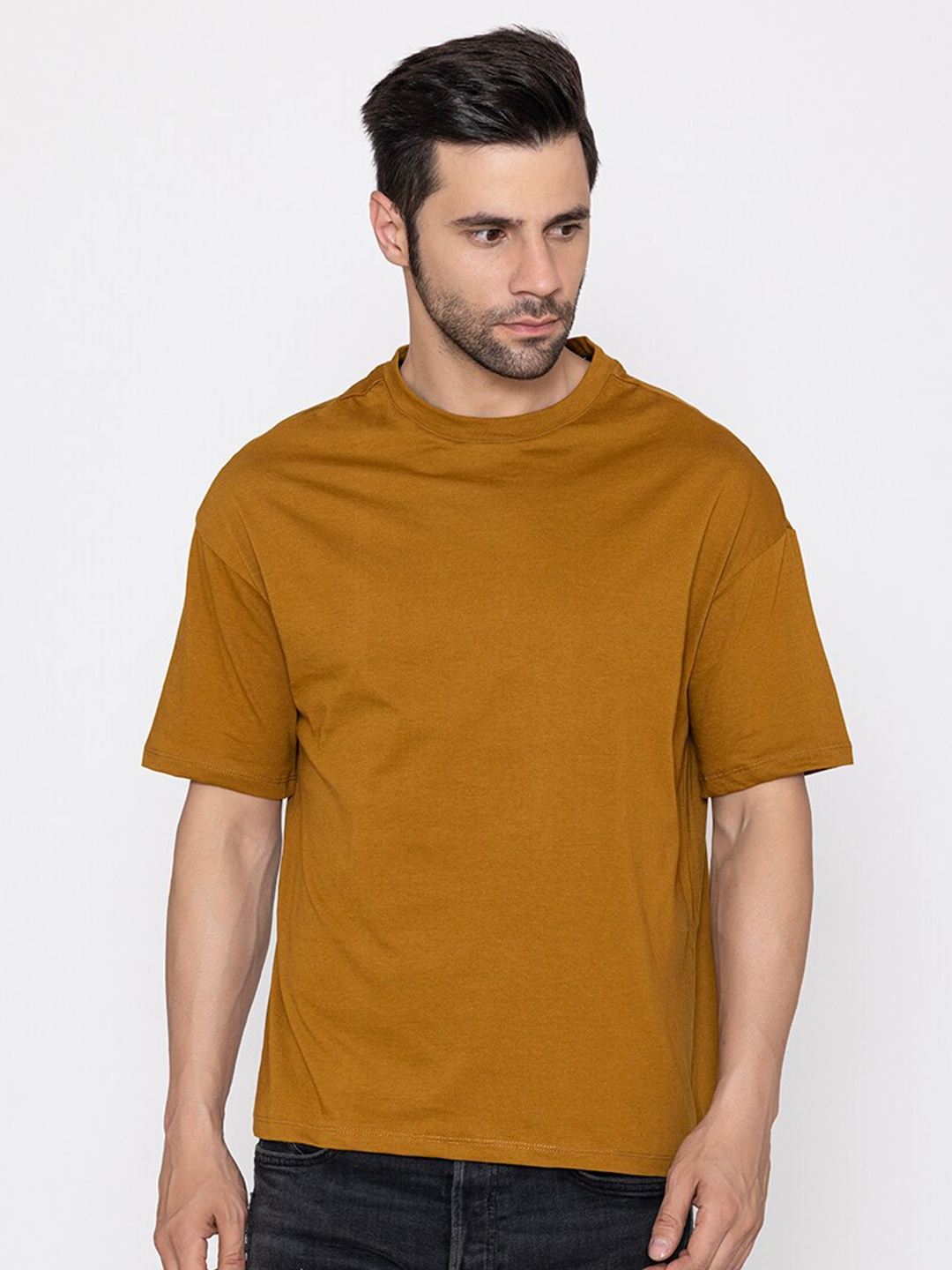 

TITTLI Round Neck Drop-Shoulder Sleeves Oversized Pure Cotton T-shirt, Brown