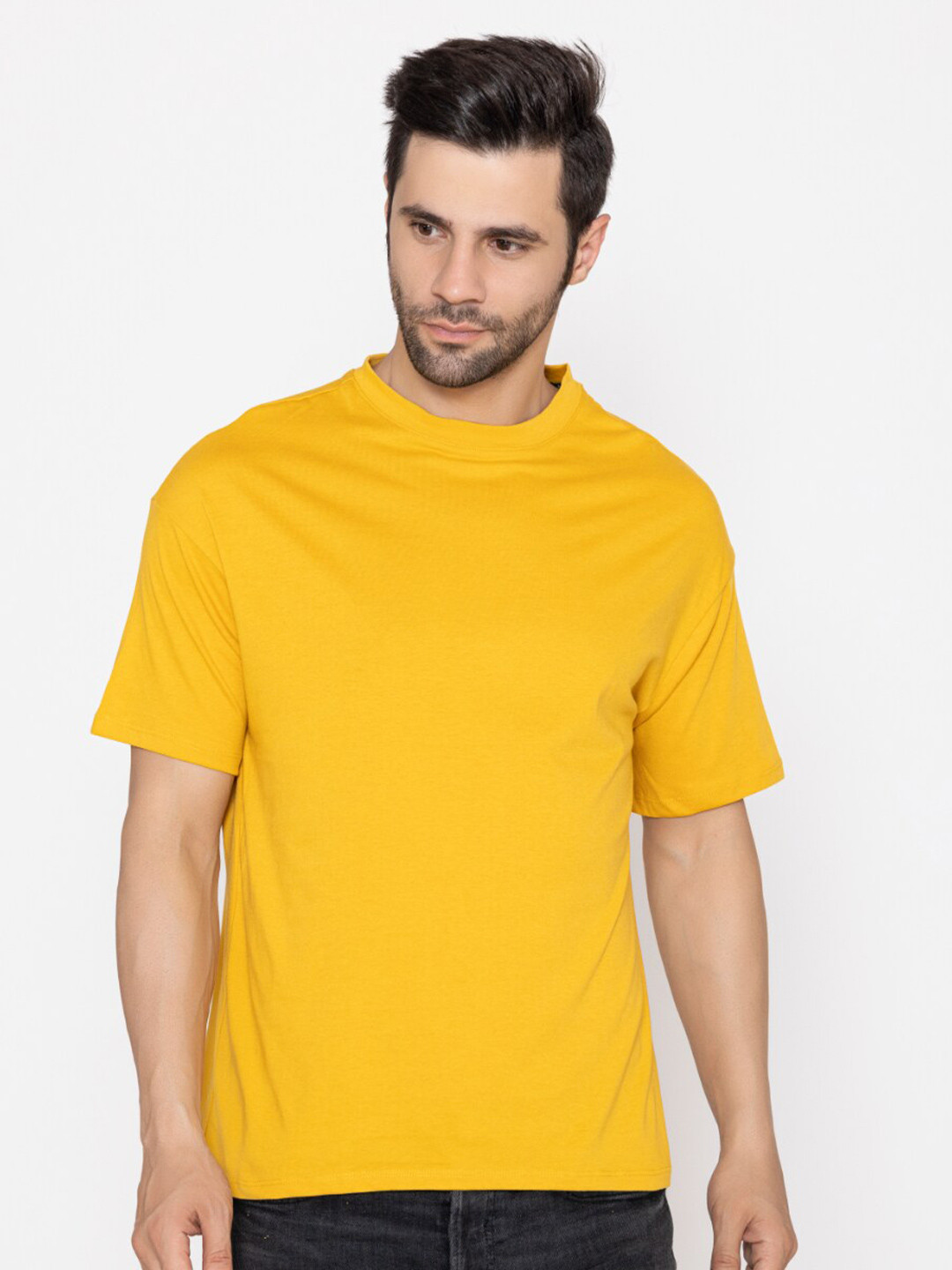 

TITTLI Round Neck Drop-Shoulder Sleeves Oversized Pure Cotton T-shirt, Yellow