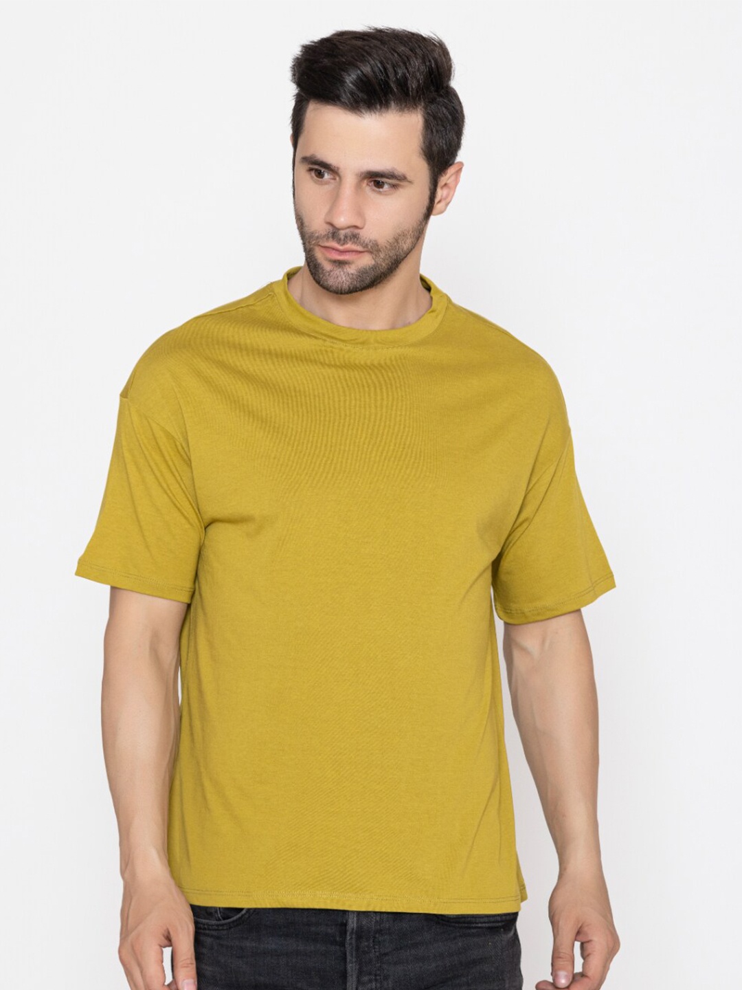 

TITTLI Round Neck Drop-Shoulder Sleeves Oversized Pure Cotton T-shirt, Mustard