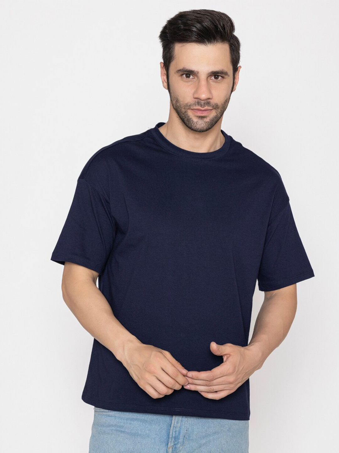 

TITTLI Round Neck Drop-Shoulder Sleeves Oversized Pure Cotton T-shirt, Navy blue
