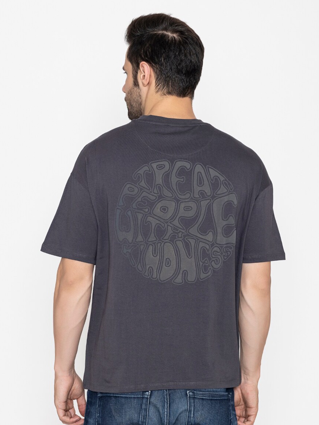 

TITTLI Typography Printed Drop-Shoulder Sleeves Oversized Pure Cotton T-shirt, Grey