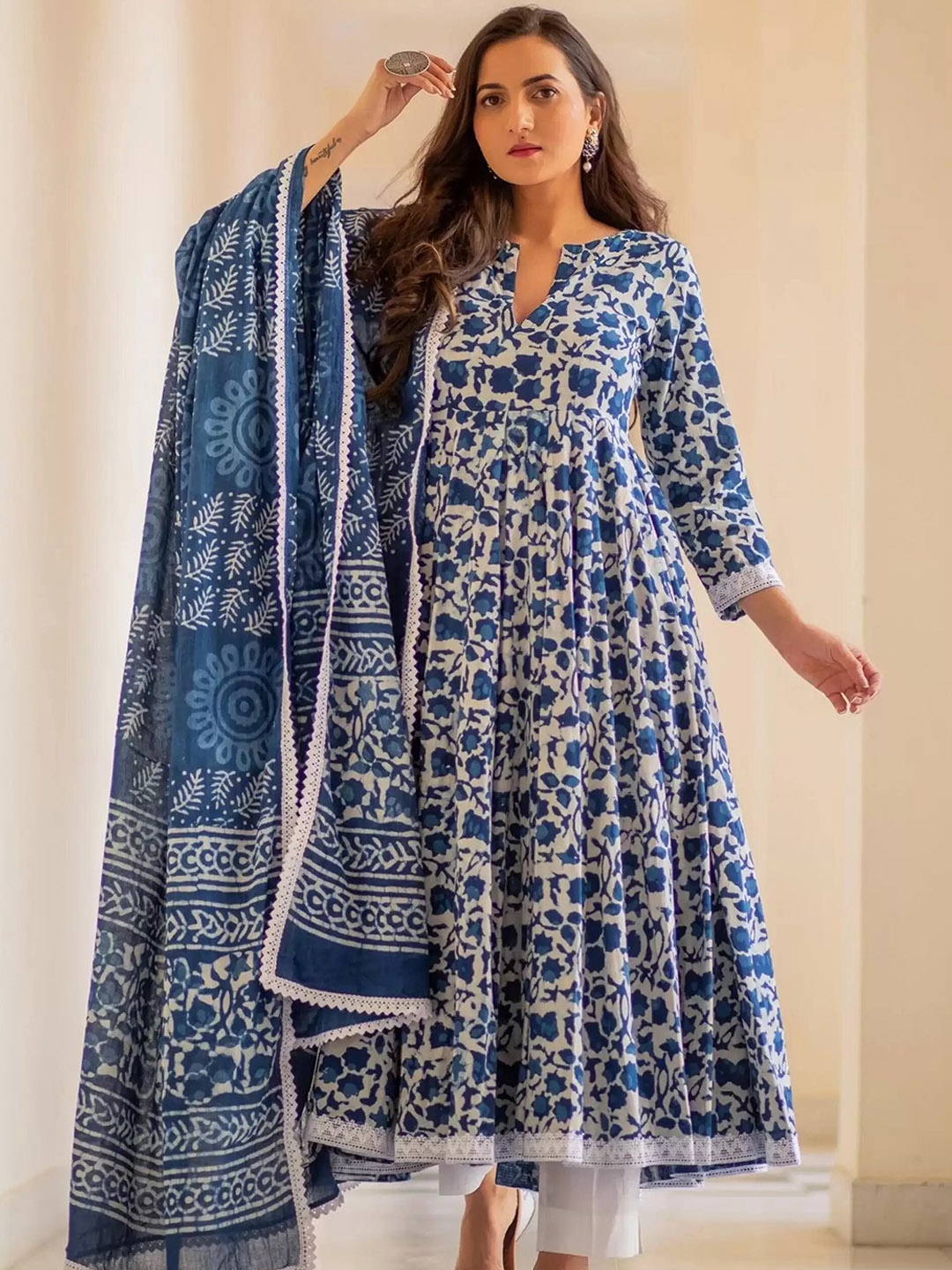 

SGRF Floral Printed Pure Cotton Kurta With Palazzos & Dupatta, Blue