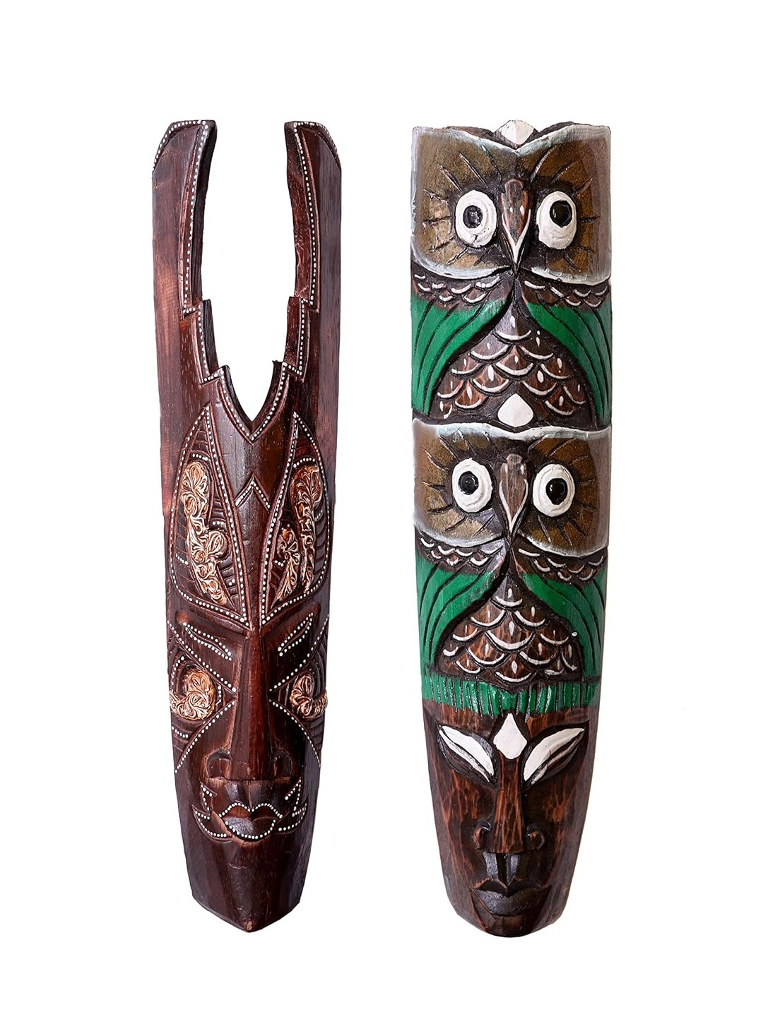 Classical Youth 2 Pcs Brown & Green Hand Painted Wooden Masks Wall Decor