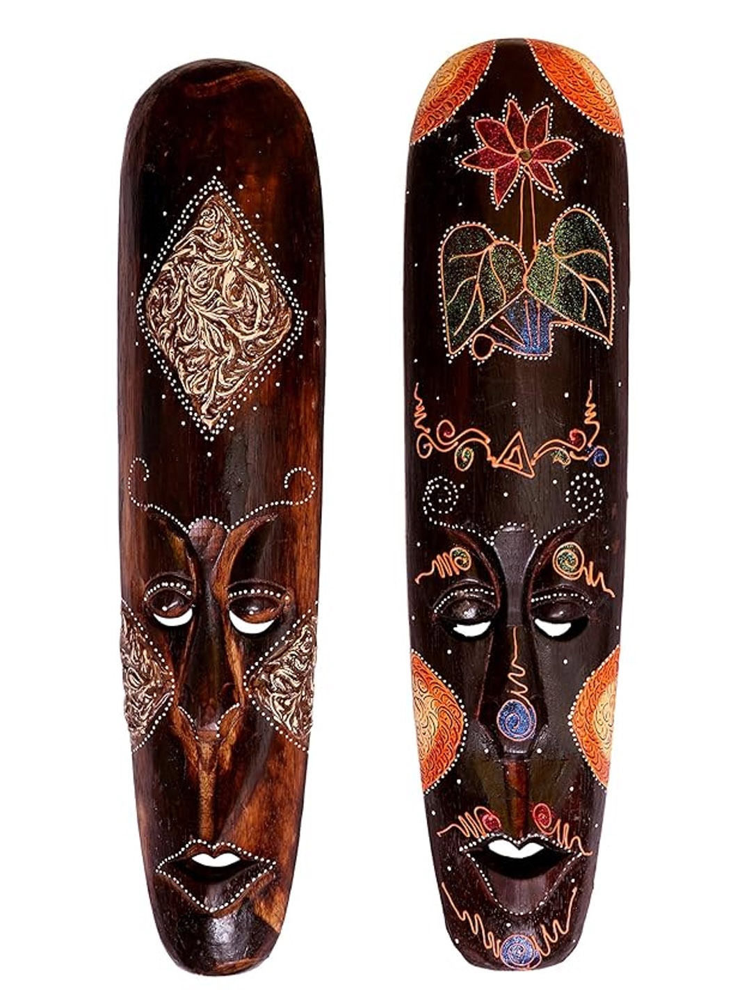 

Classical Youth 2 Pcs Brown Hand Painted Wooden Masks Wall Decor
