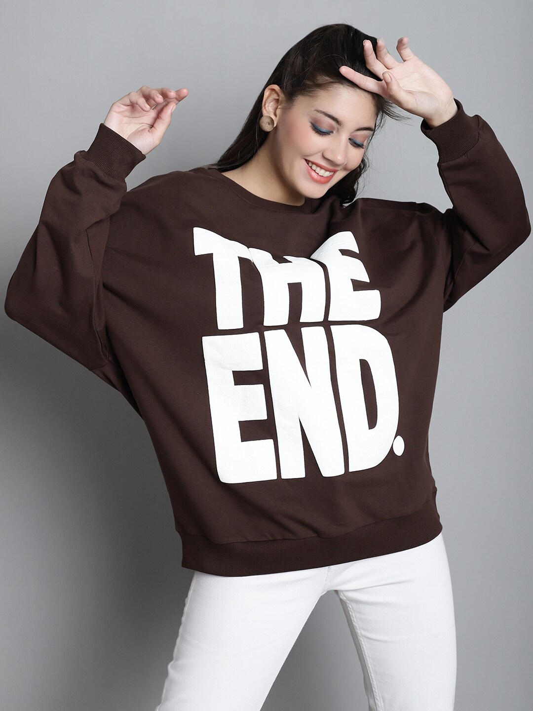 

DOOR74 Typography Printed Round Neck Terry Cotton Oversized Pullover Sweatshirt, Brown