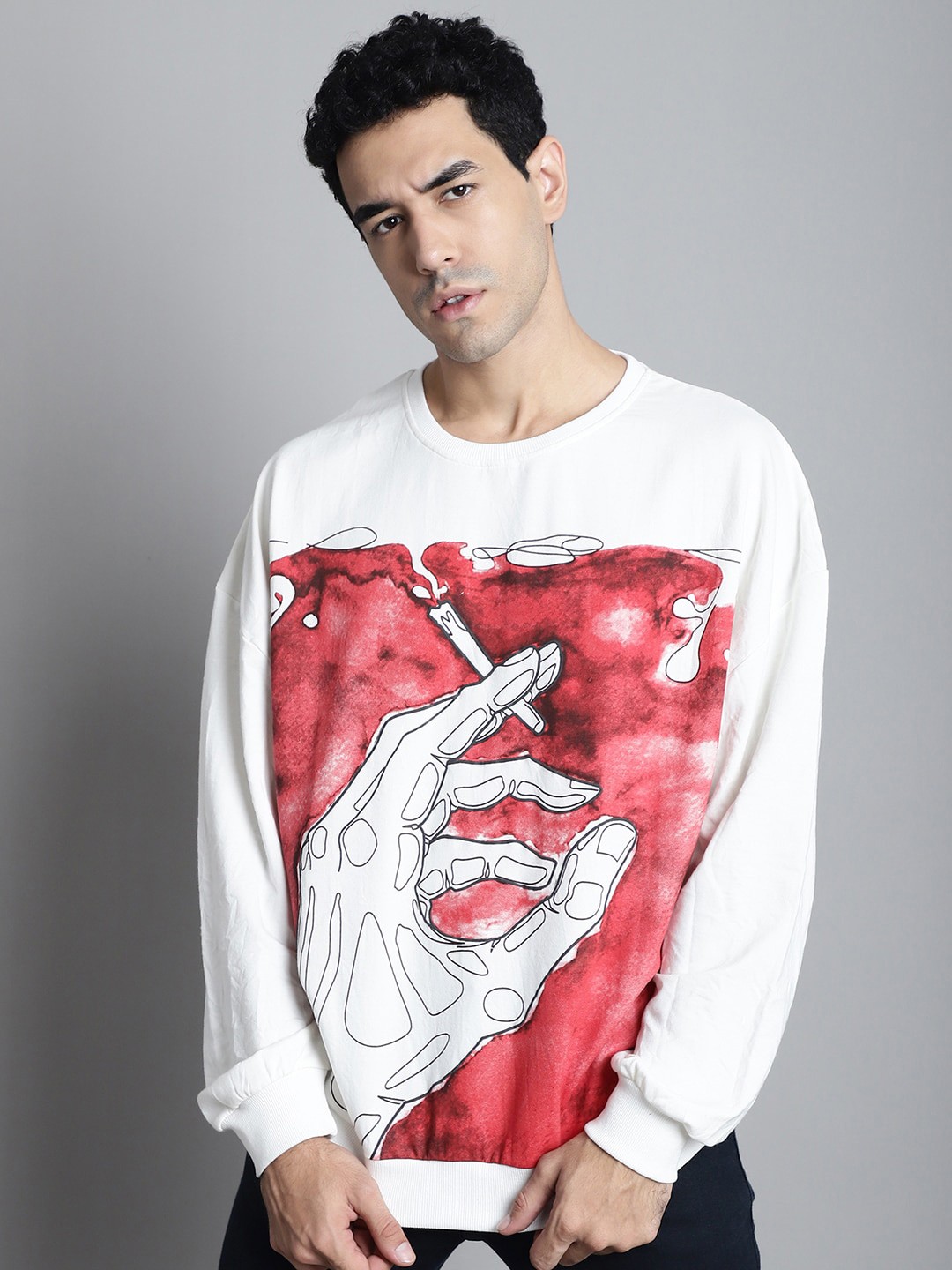 

DOOR74 Graphic Printed Terry Cotton Oversized Pullover Sweatshirt, Off white