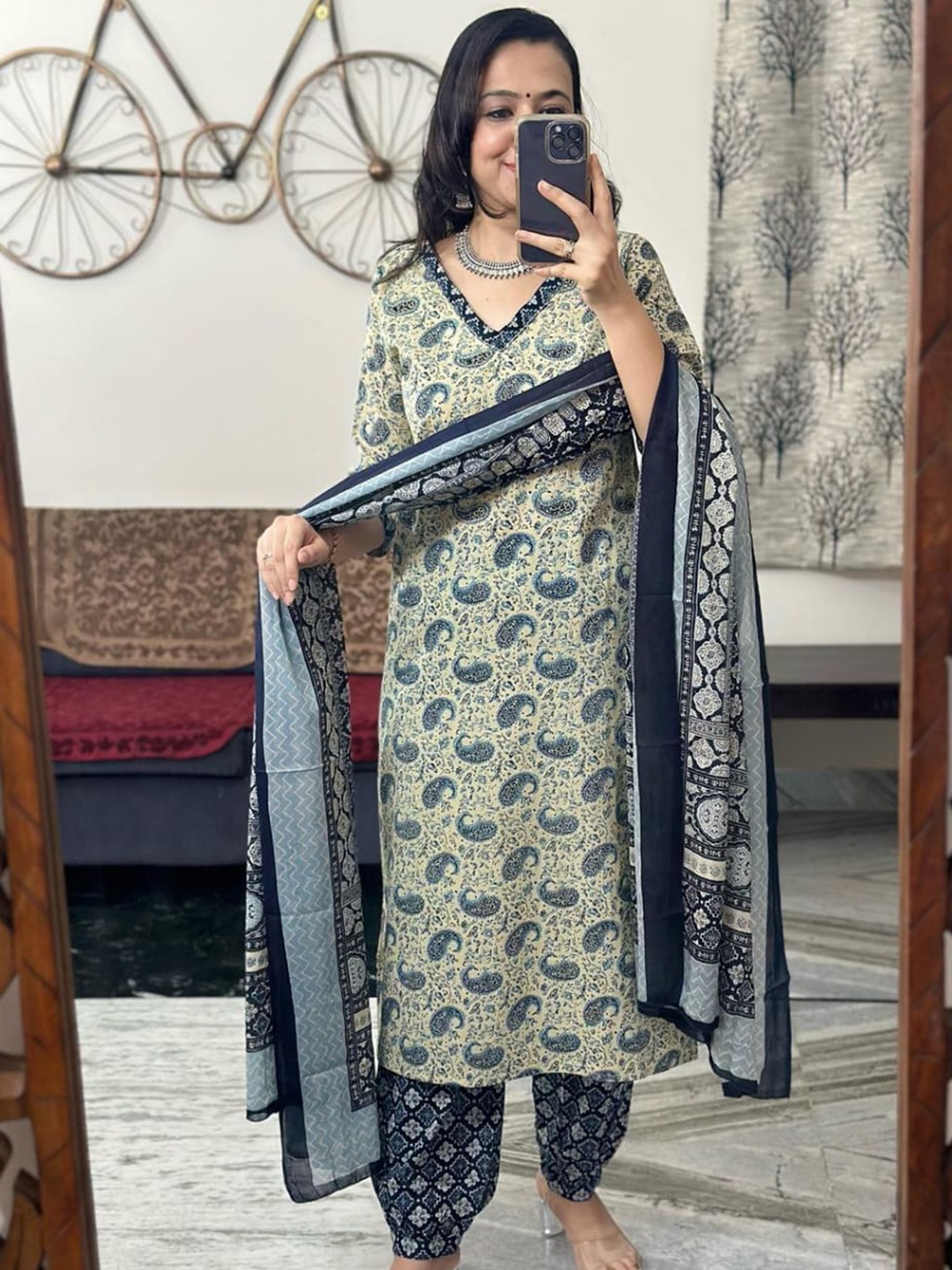 

BRASK INDIA Paisely Printed Pure Cotton A-Line Kurta with Salwar & With Dupatta, Blue