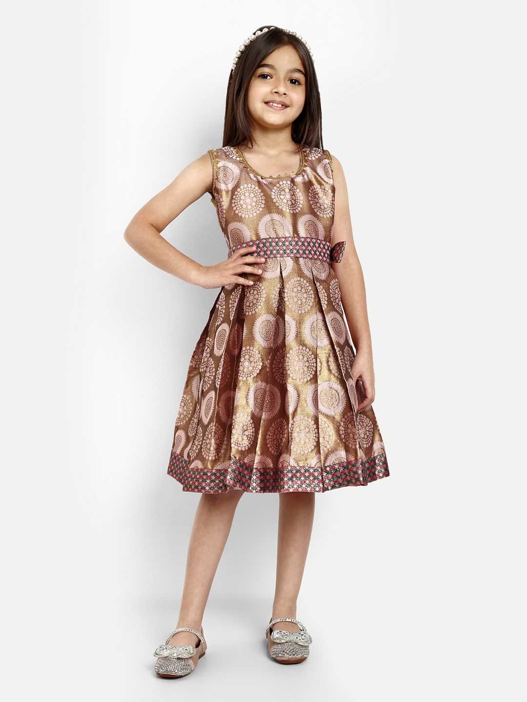 

BAESD Girls Ethnic Motifs Printed Satin A-line Dress, Beige