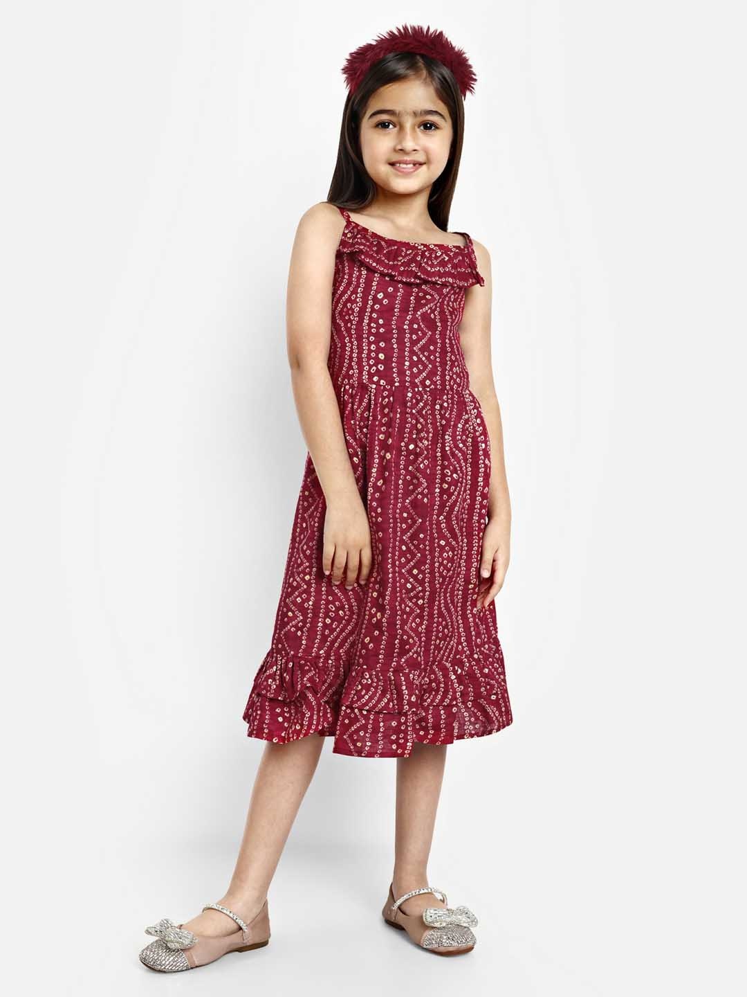

BAESD Girls Ethnic Motifs Printed Satin A-line Midi Dress, Red
