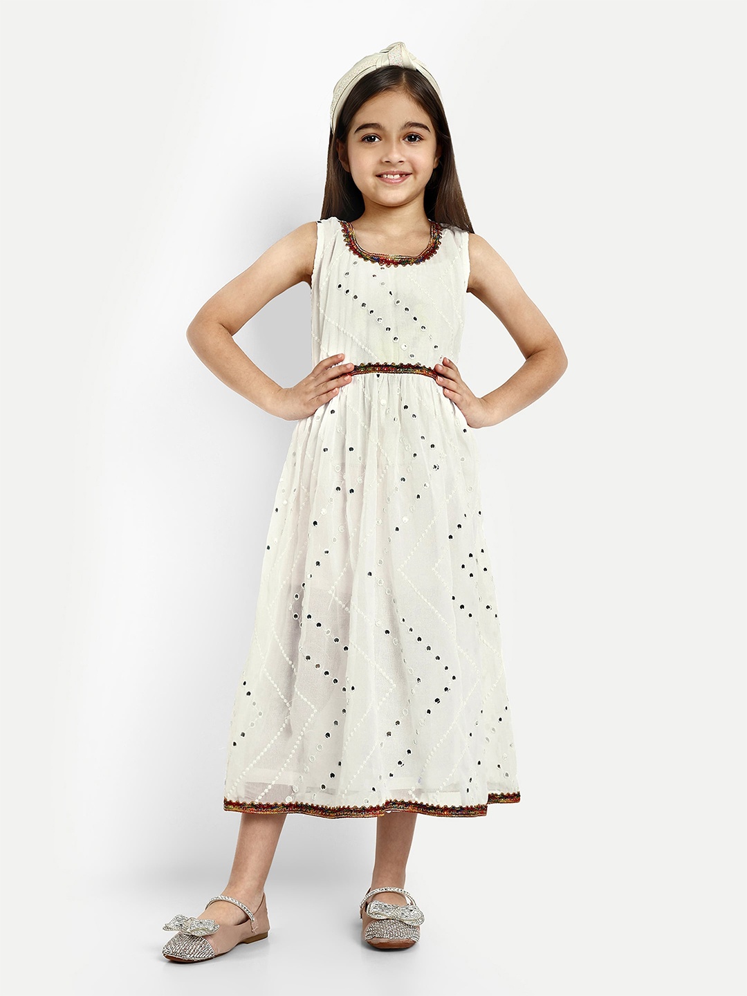

BAESD Girls Embellished Mirror Work Silk Satin A-Line Midi Dress, White