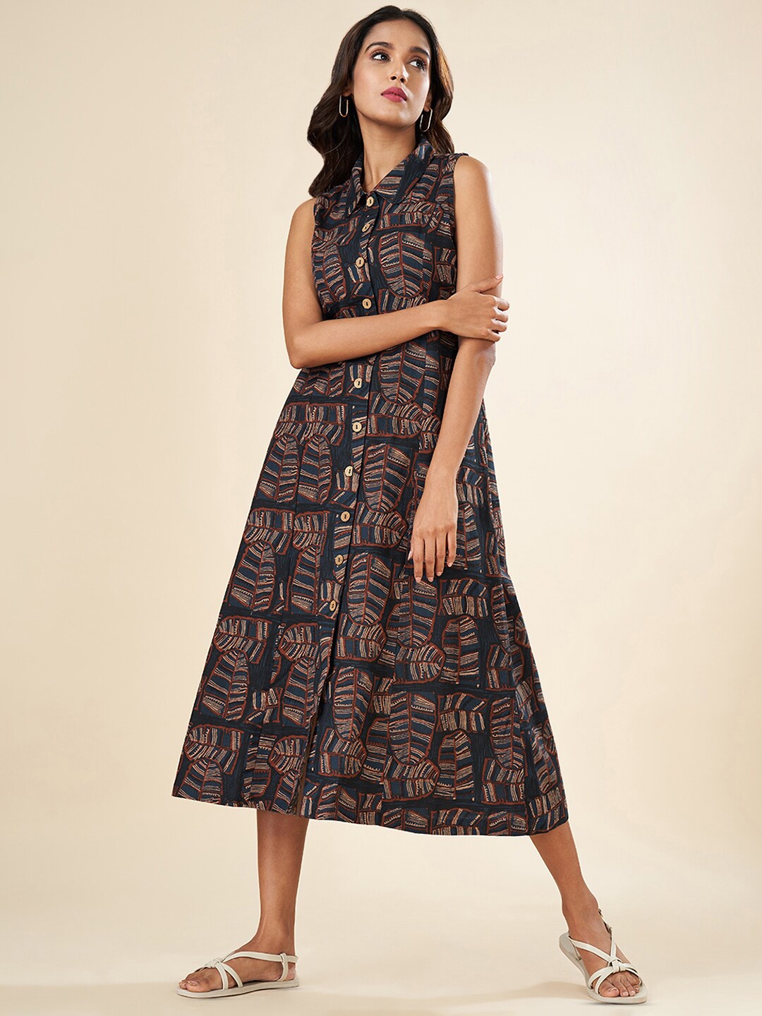 

AKKRITI BY PANTALOONS Abstract Print Sleeveless A-Line Midi Dress, Charcoal