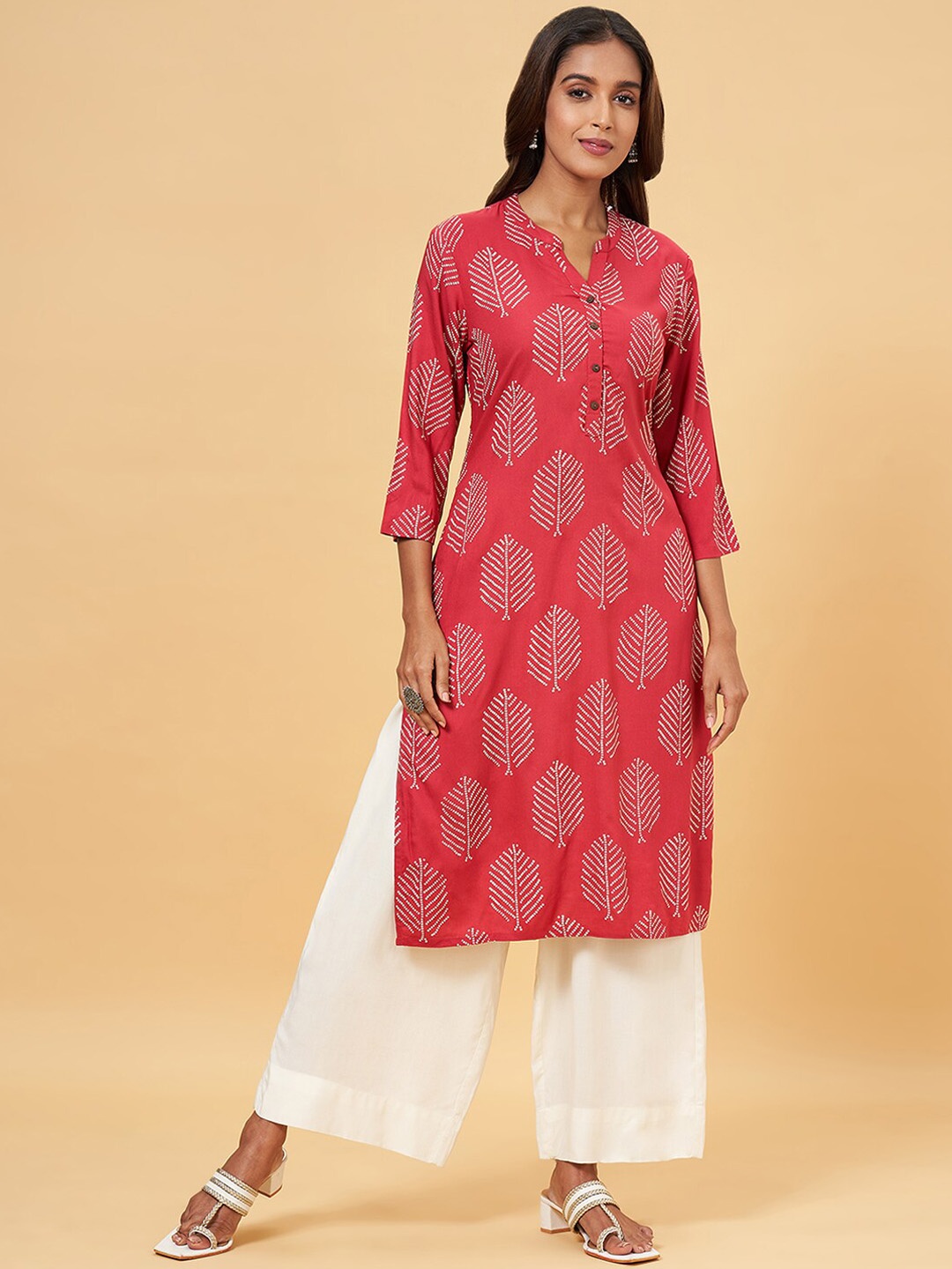 

RANGMANCH BY PANTALOONS Ethnic Motifs Printed Band Collar Kurta, Pink
