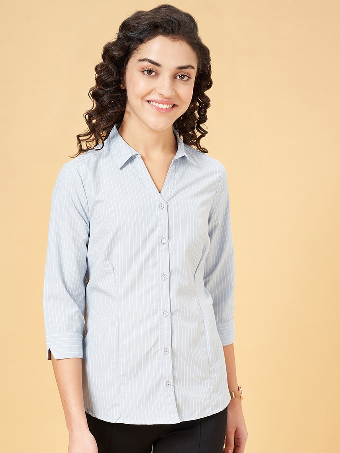 

Annabelle by Pantaloons Vertical Striped Spread Collar Casual Shirt, Grey