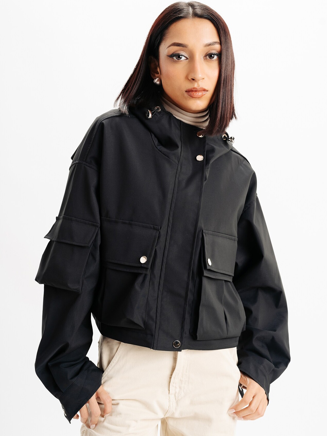 

FREAKINS Hooded Cargo Pockets Crop Tailored Jacket, Black