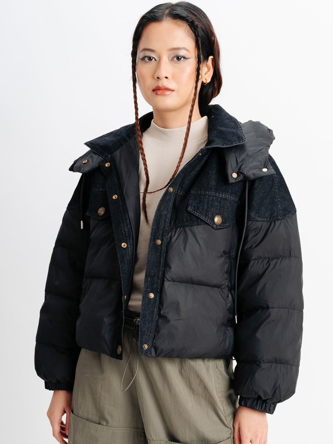 

FREAKINS Hooded Crop Puffer Jacket, Black
