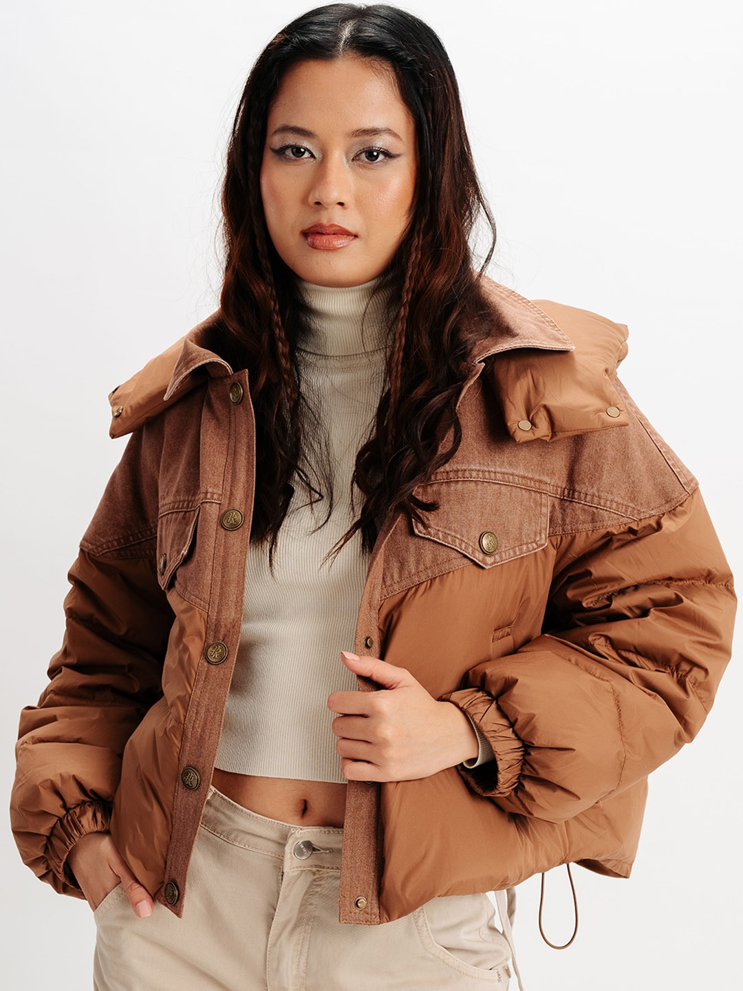 

FREAKINS Hooded Crop Puffer Jacket, Brown