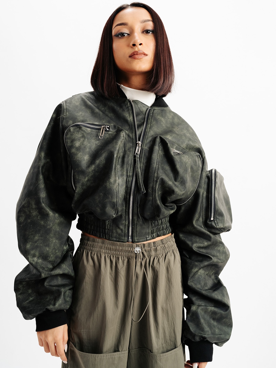 

FREAKINS Abstract Printed Stand Collar Crop Bomber Jacket, Black