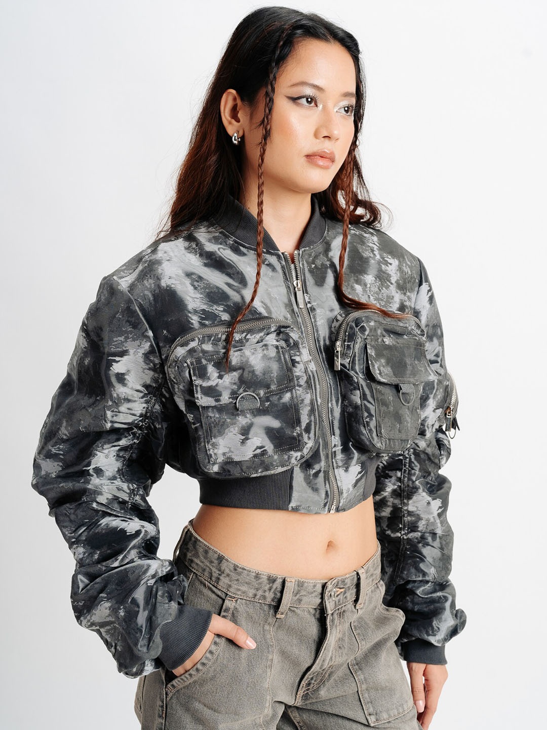 

FREAKINS Abstract Printed Stand Collar Pure Silk Crop Bomber Jacket, Grey