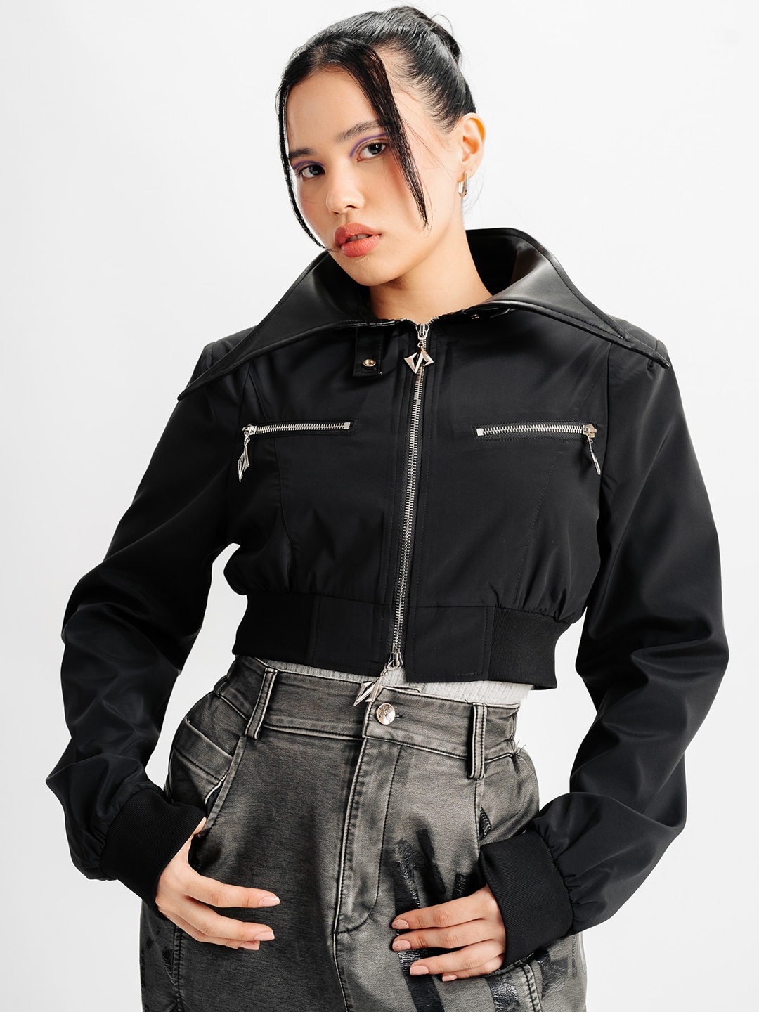 

FREAKINS Spread Collar Crop Bomber Jacket, Black