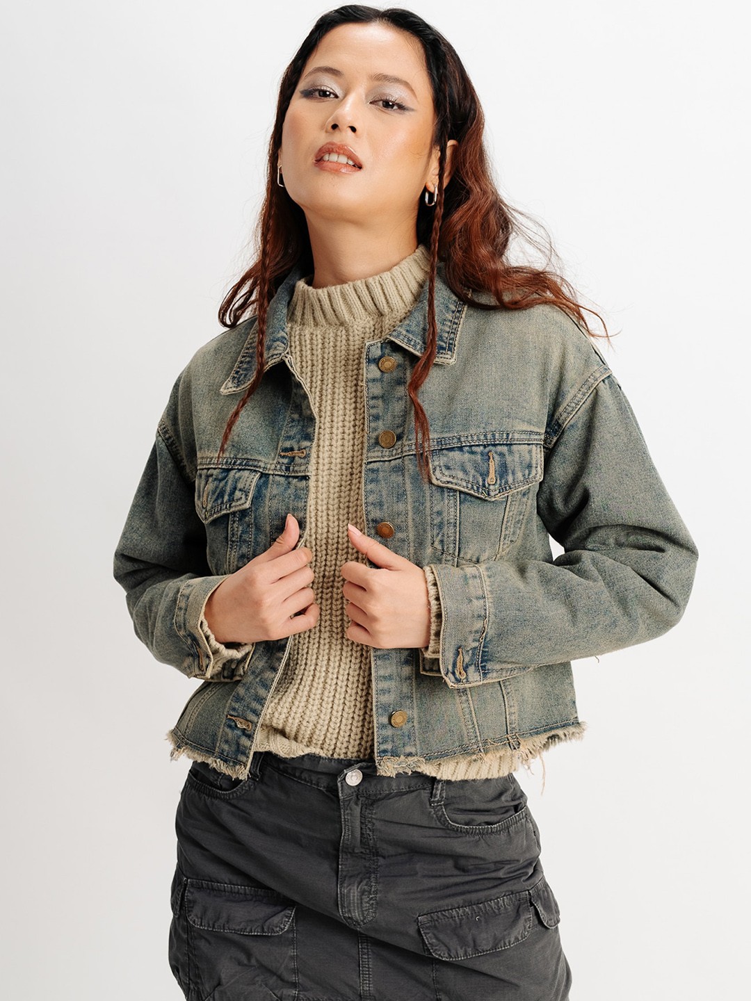 

FREAKINS Washed Spread Collar Crop Denim Jacket, Grey
