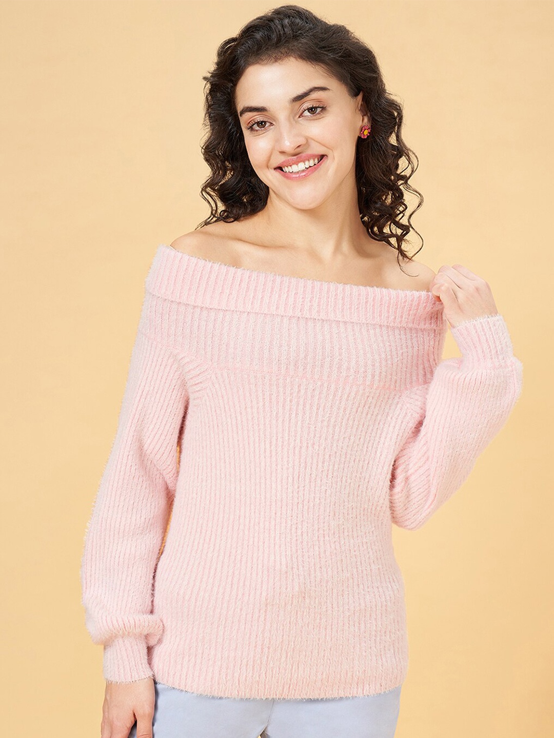 

Honey by Pantaloons Ribbed Off-Shoulder Pullover, Pink