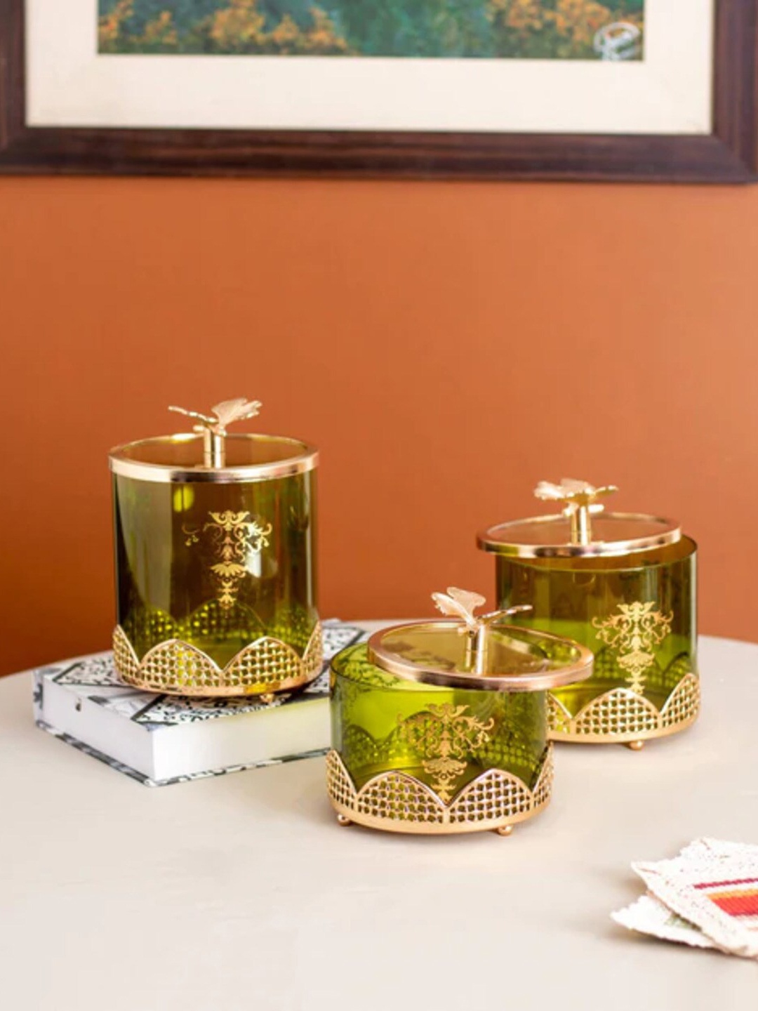 

THEDECORKART Green & Gold Toned Textured Metal Kitchen Storage