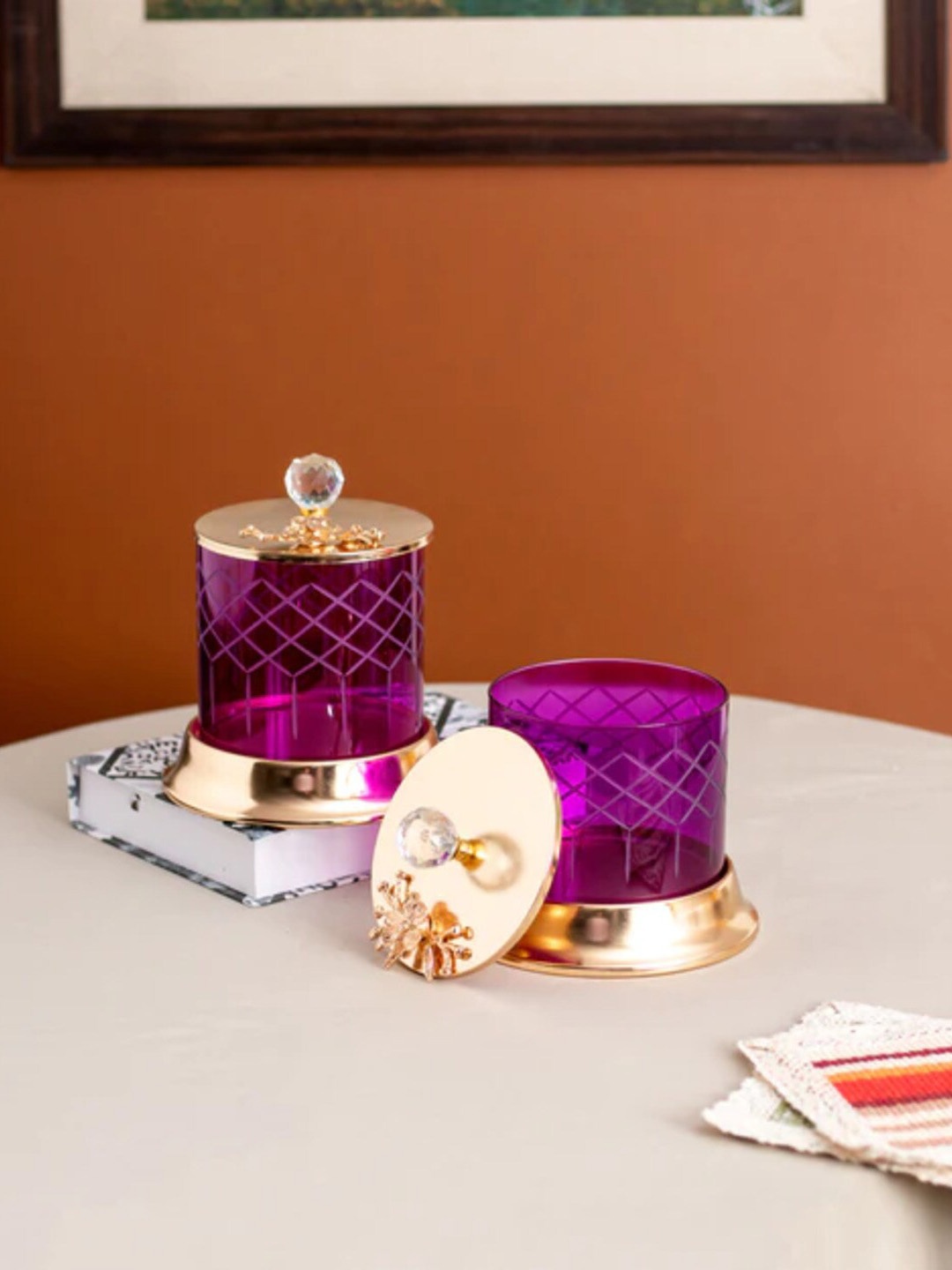 

THEDECORKART Purple & Golden Textured Metal Spice Box
