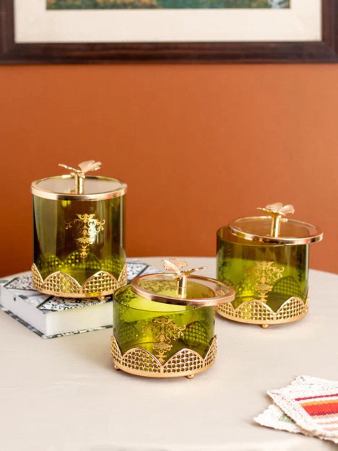 

THEDECORKART Green & Golden Textured Metal Spice Box