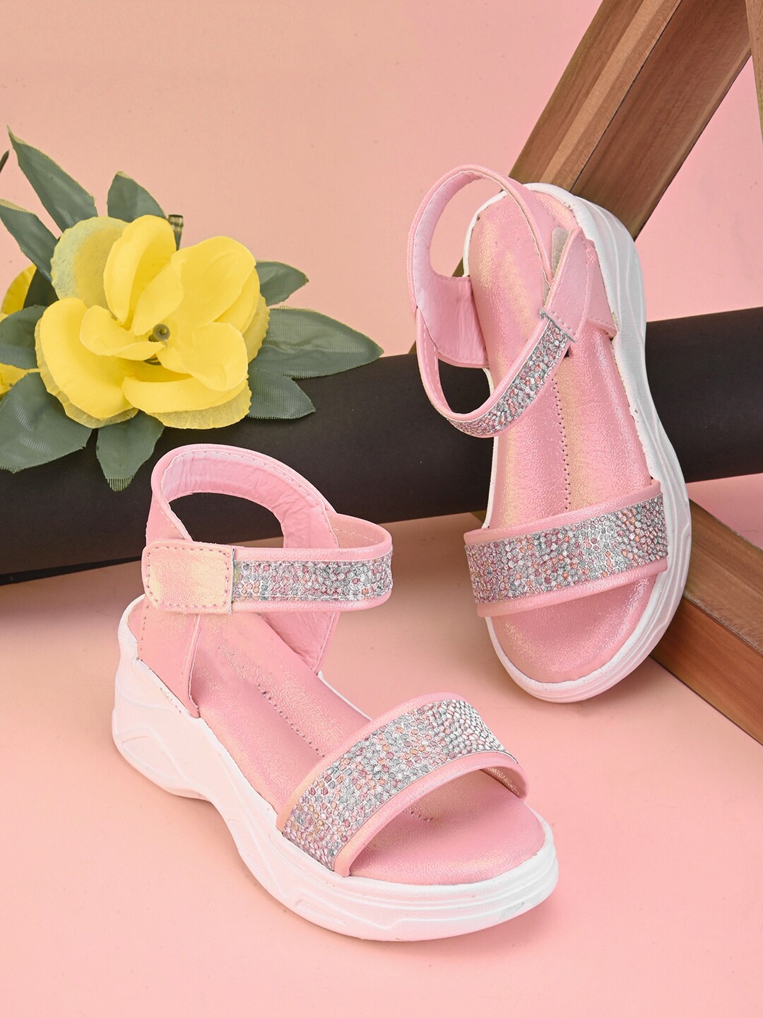 

BAESD Girls Embellished Open Toe Wedges With Velcro Closure, Pink