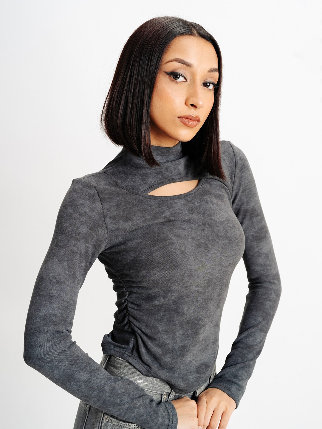 

FREAKINS Abstract Printed High Neck Cut Out Top, Grey