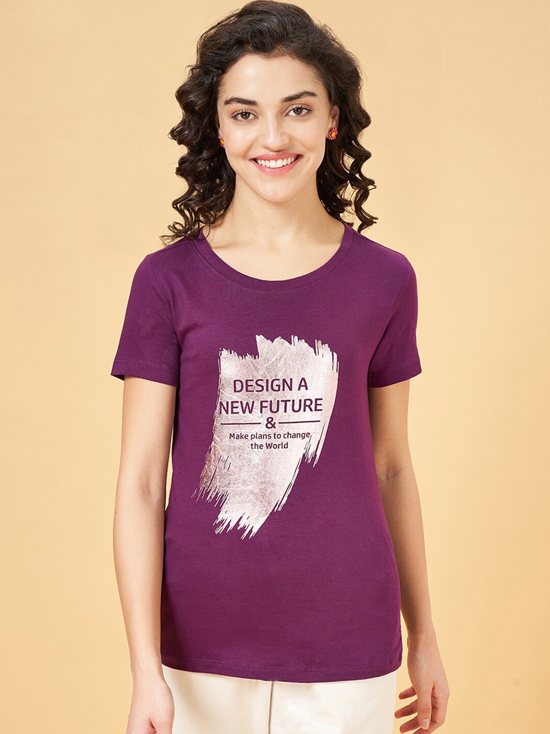 

Honey by Pantaloons Typography Printed Cotton T-shirt, Purple