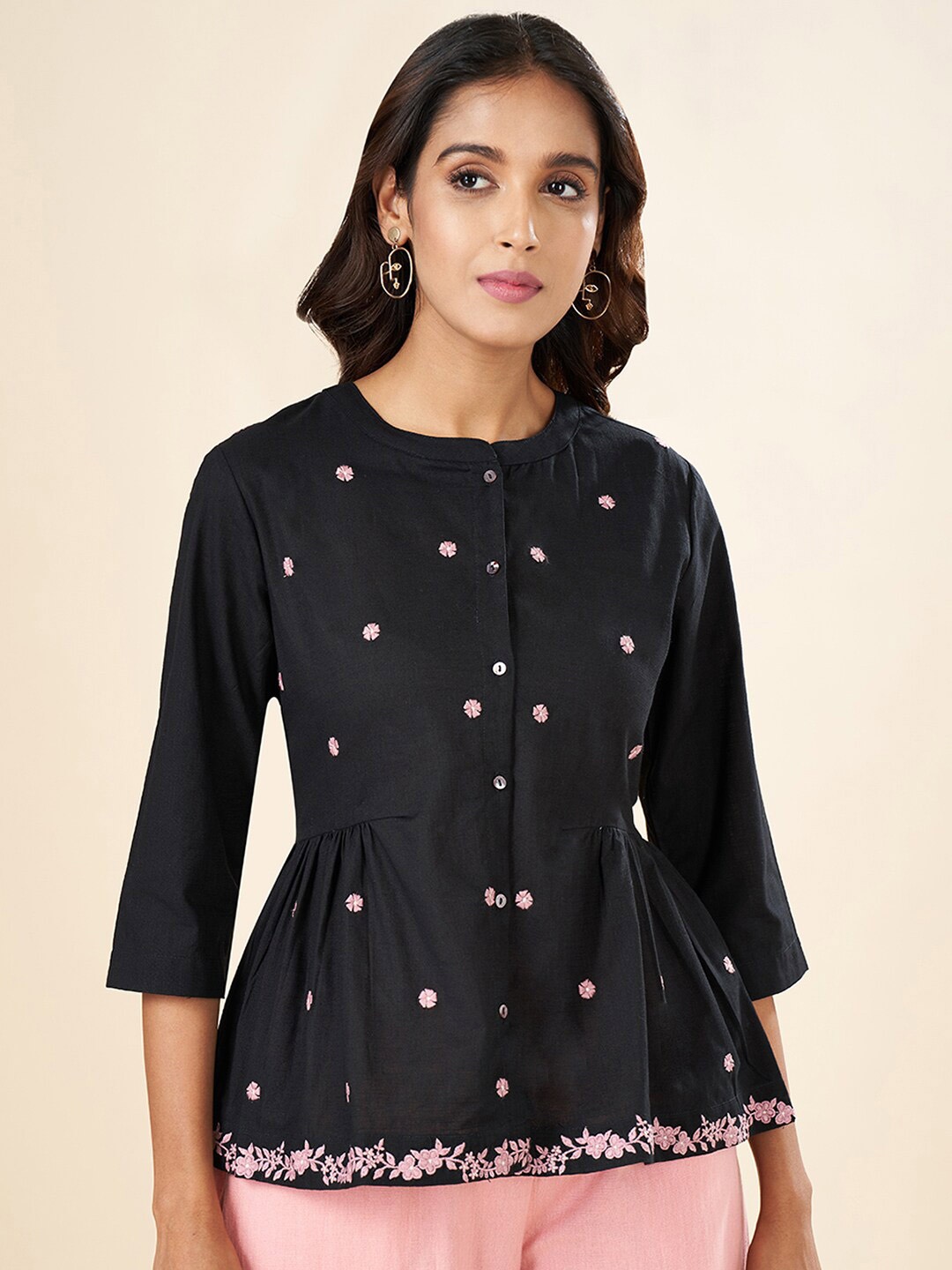 

AKKRITI BY PANTALOONS Floral Embroidered Cotton Tunic, Black