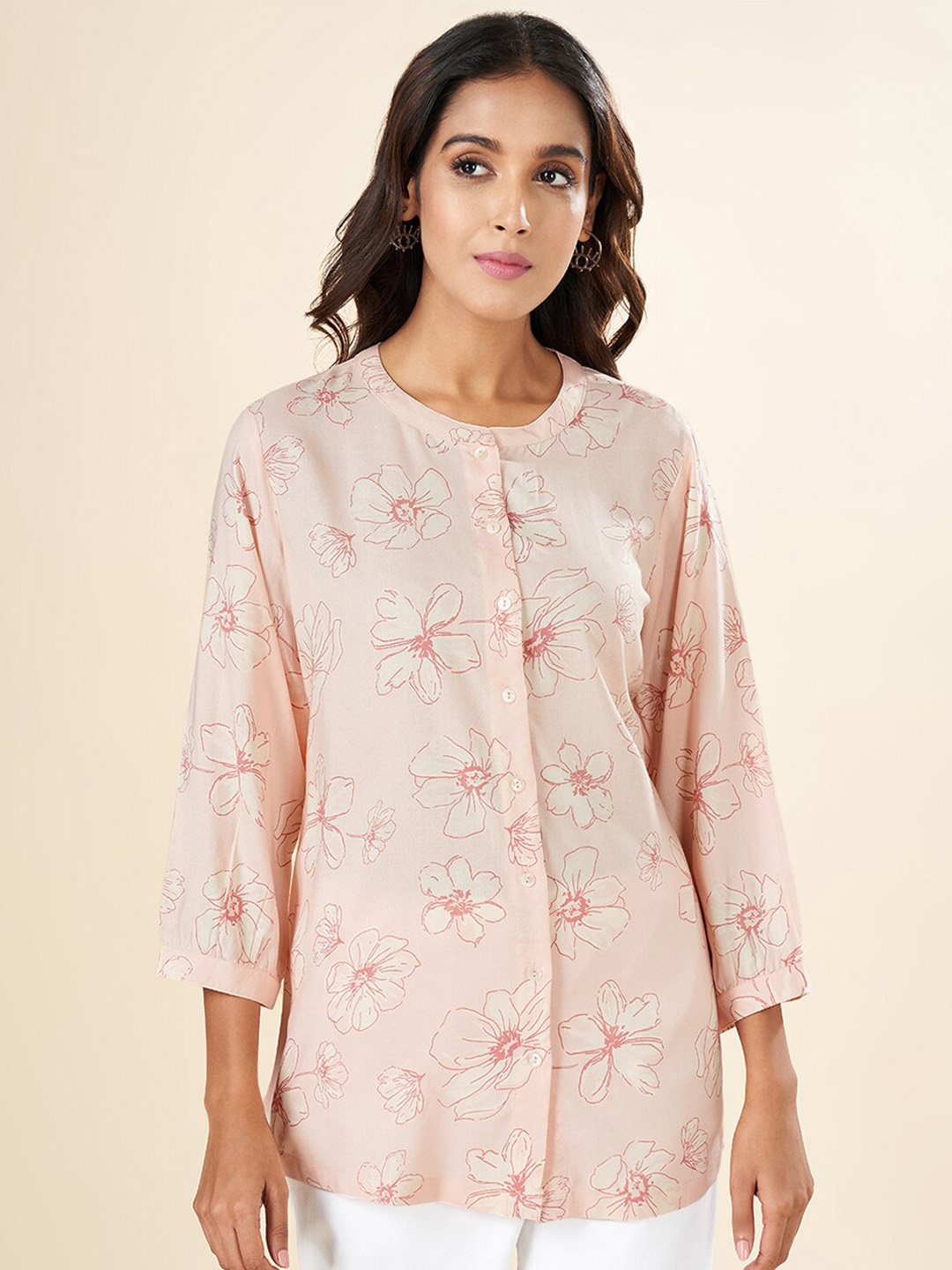 

AKKRITI BY PANTALOONS Floral Printed Mandarin Collar Tunic, Peach