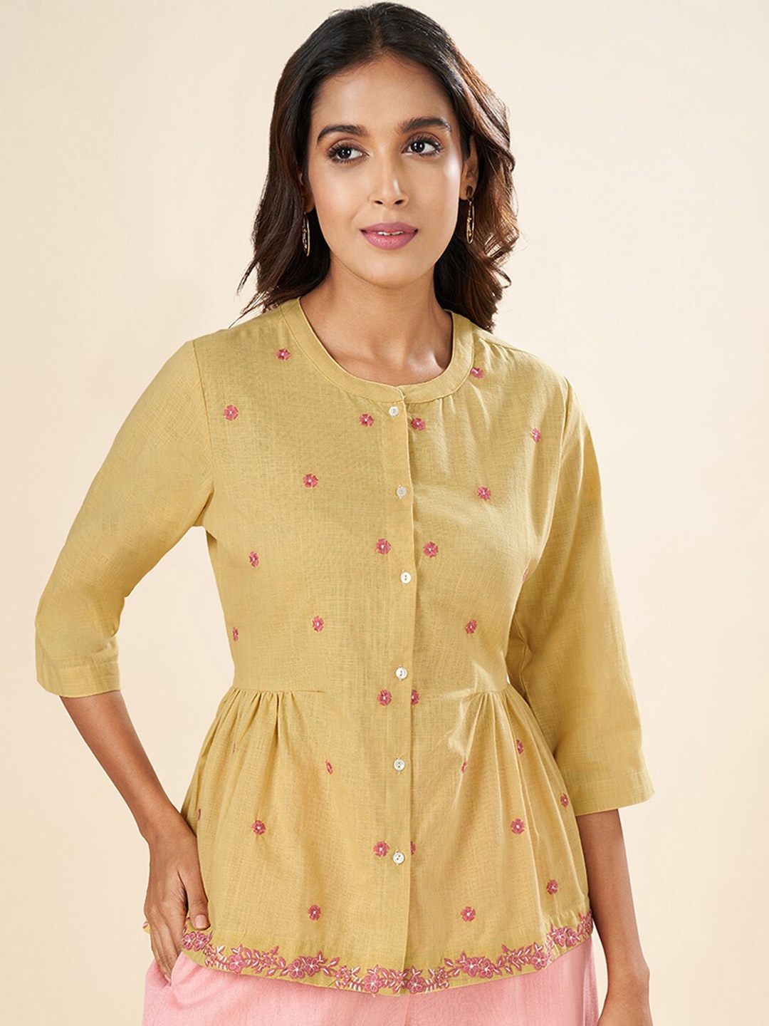 

AKKRITI BY PANTALOONS Floral Embroidered Mandarin Collar Cotton Tunic, Mustard