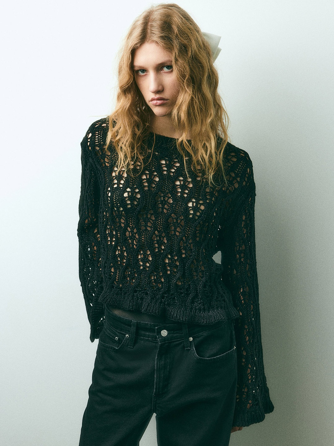 

H&M Acrylic Frill-Trimmed Pointelle-Knit Jumper, Black
