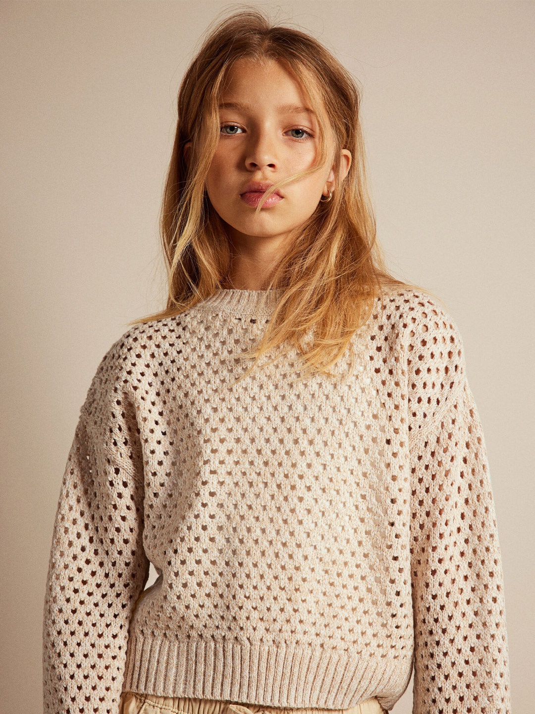 

H&M Girls Acrylic Hole-Knit Jumper, Beige