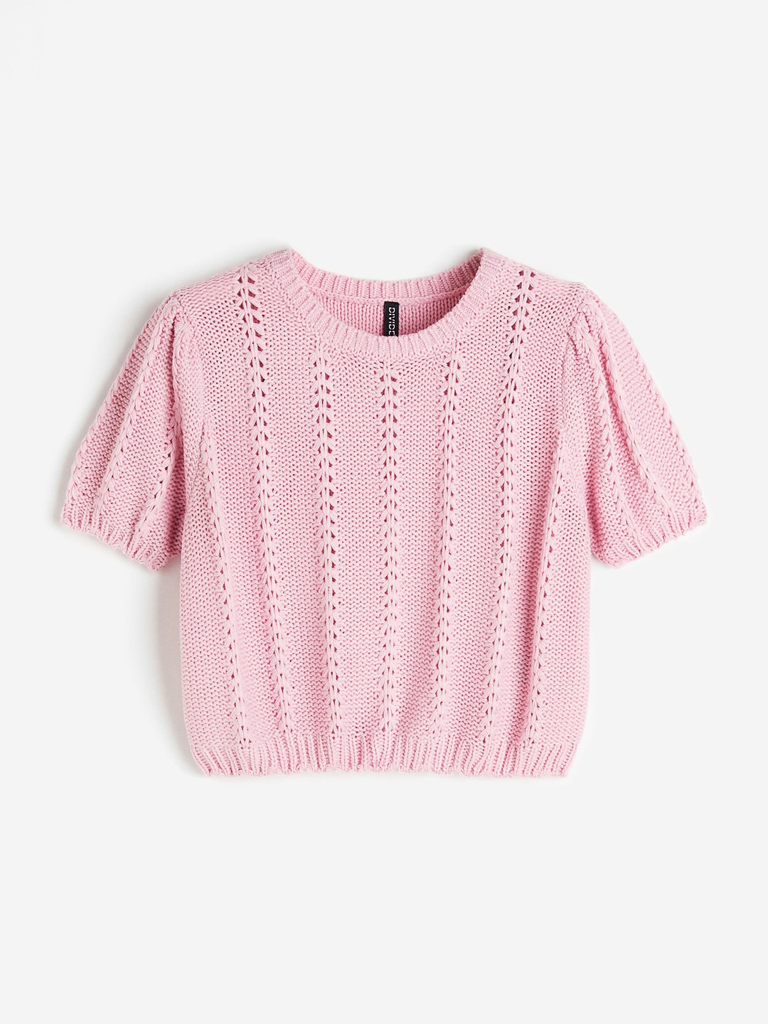 

H&M Women Acrylic Textured-Knit Puff-Sleeved Top, Pink