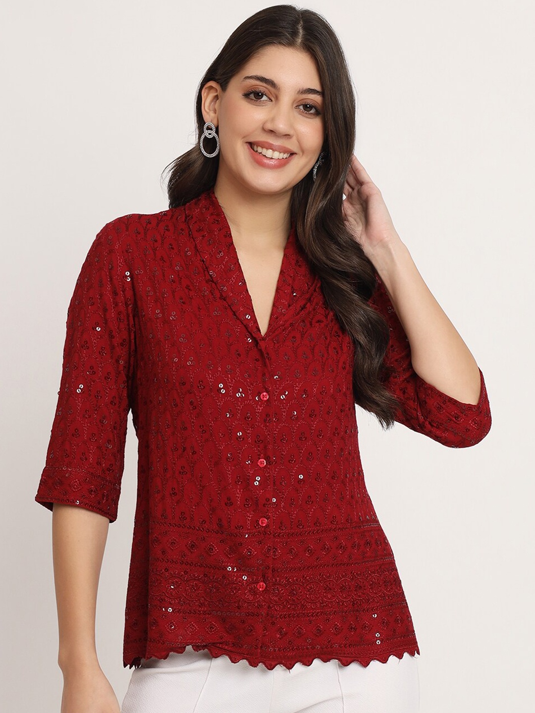 

angloindu Ethnic Motifs Embroidered Shawl Collar Sequinned Cotton Shirt Style Top, Burgundy