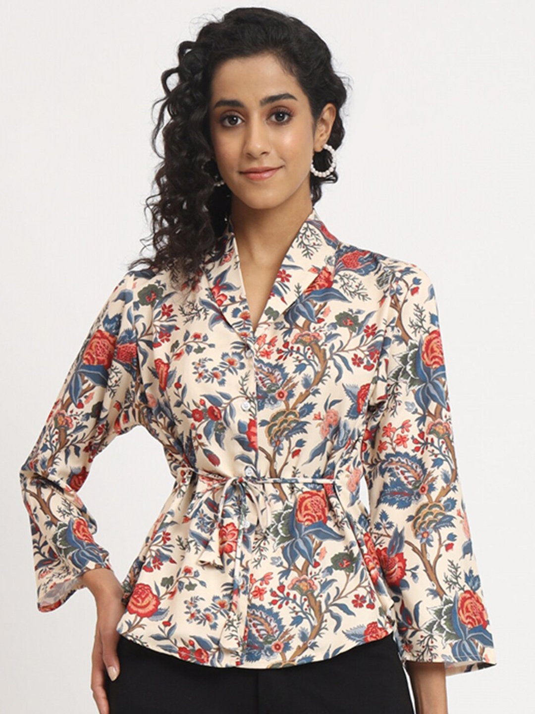

angloindu Floral Printed Shawl Collar Waist Tie-Ups Shirt Style Top, Beige