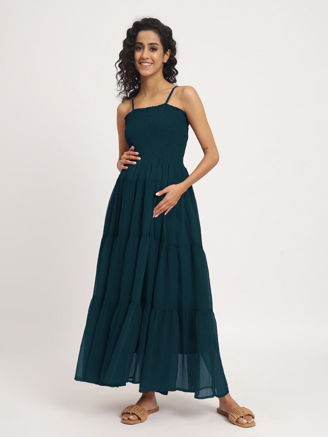 

angloindu Shoulder Straps Sleeveless Smocked Tiered Maternity Maxi Dress, Teal