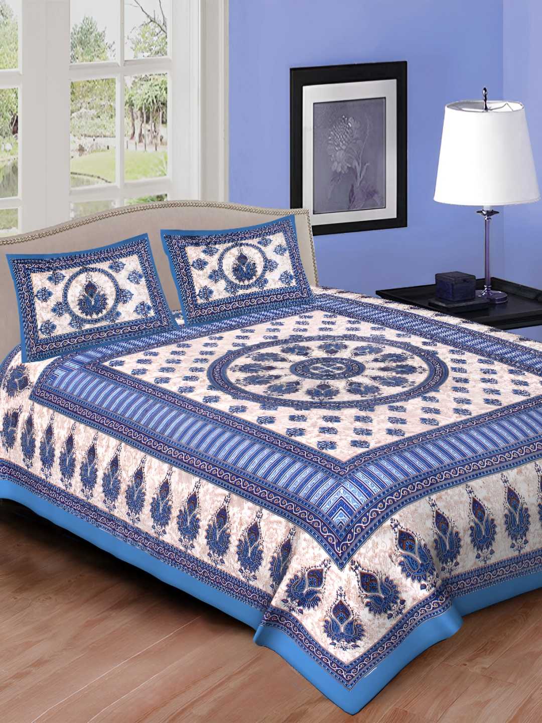 

DOLLIFI Blue &White Geometric Cotton 260 TC Queen Bedsheet with 2 Pillow Covers