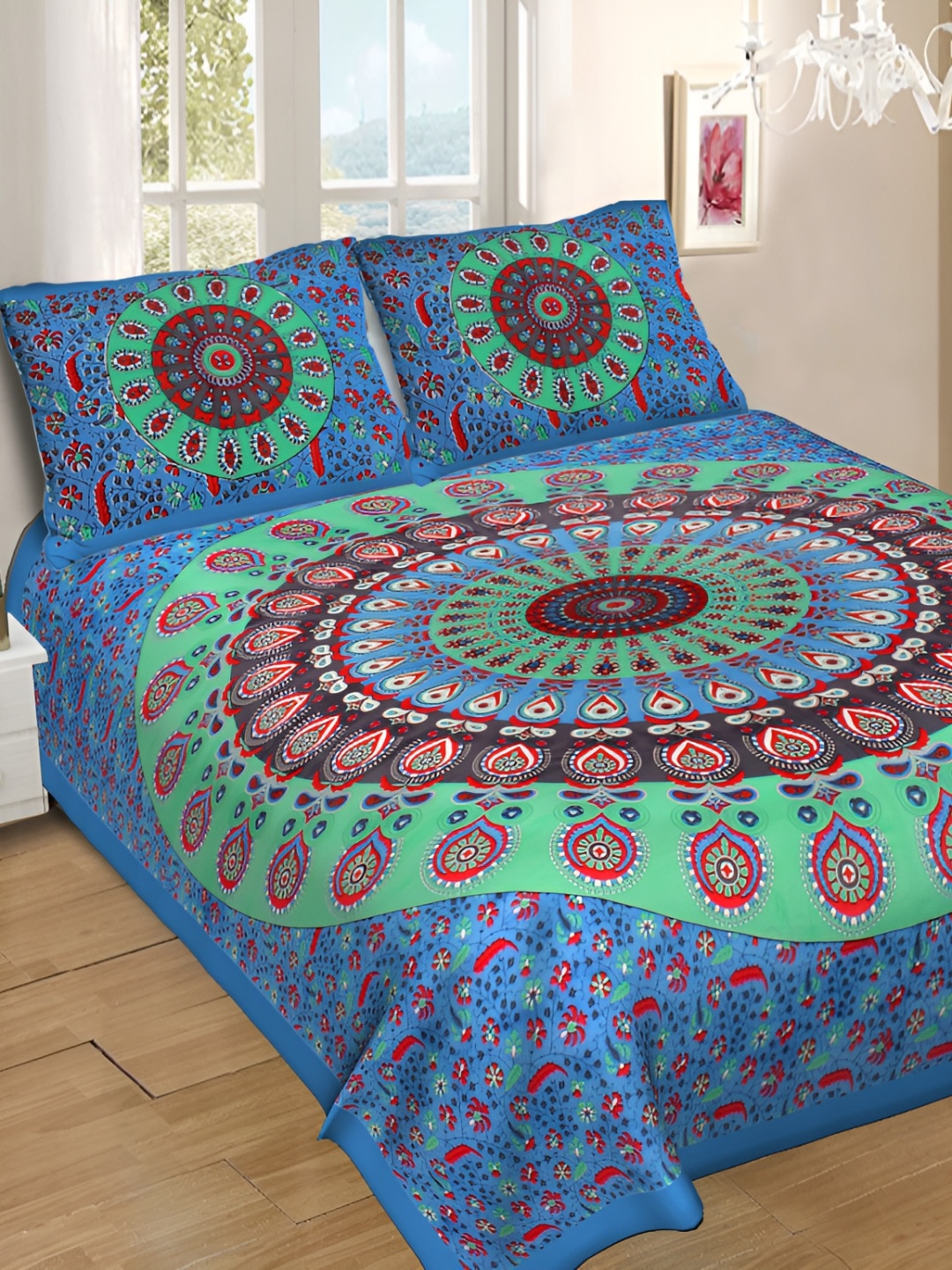 

DOLLIFI Blue &Red Geometric Cotton 260 TC Queen Bedsheet with 2 Pillow Covers