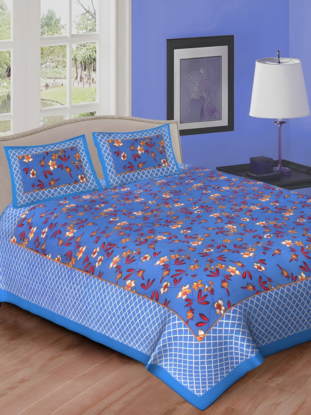 

DOLLIFI Blue &Brown Floral Cotton 260 TC Queen Bedsheet with 2 Pillow Covers