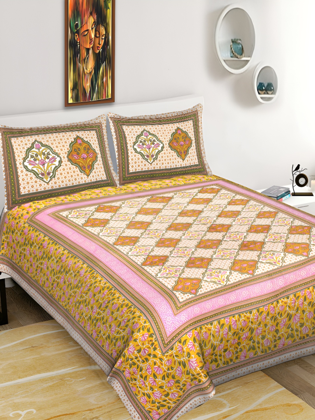 

DOLLIFI Yellow& Pink Ethnic Motifs Cotton 260 TC Queen Bedsheet with 2 Pillow Covers