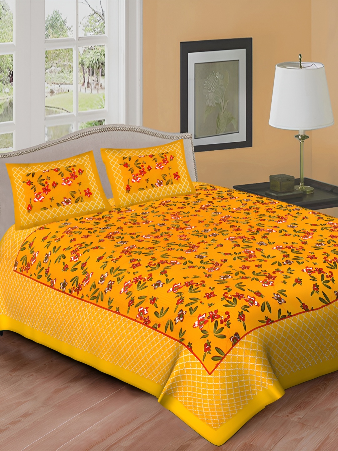 

DOLLIFI Yellow& Red Floral Cotton 260 TC Queen Bedsheet with 2 Pillow Covers