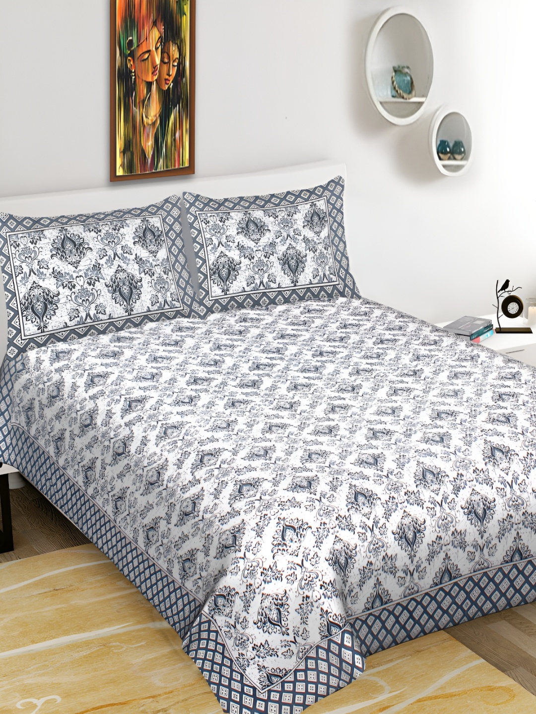 

DOLLIFI Grey& White Floral Cotton 260 TC Queen Bedsheet with 2 Pillow Covers